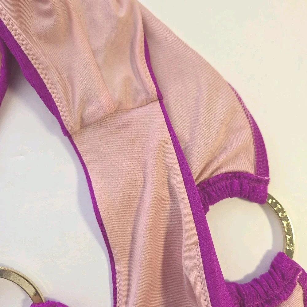Victoria's Secret Fushia Bikini Twist Front Top 34DD Gold Ring Bottoms Size S